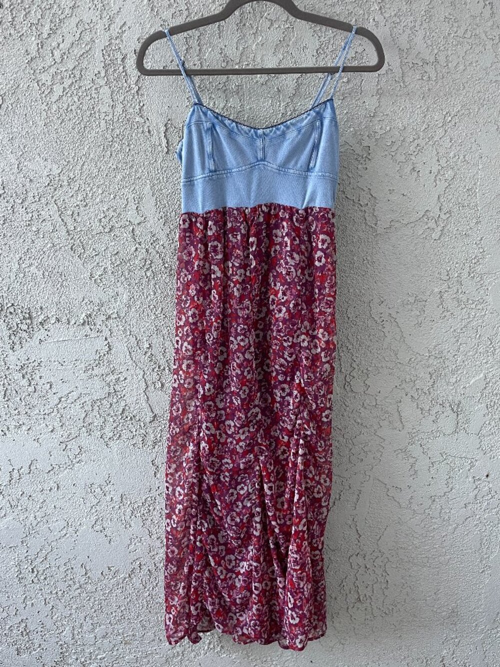 Billabong Womens XS Blue Denim Y2K Floral Mixed Media Maxi Dress Boho Beachy